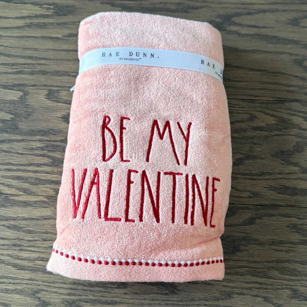 Rae Dunn Pink Valentine's Towel with Red Text
